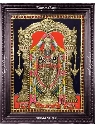 Balaji Venkateswara Tanjore painting standing red halo gold pillars hanging lamps artwork